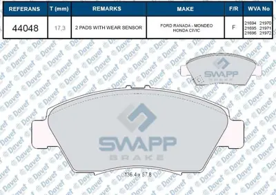 SWAPP 44048 Fren Balatası On Honda Cıvıc 1.6 92-00 Wva 21694 101600099 1605731 1A002643Z 1Y0Y2648Z 1Y102648Z 1Y373328Z 1Y383328Z 2169401 26296TC060 41060U7426