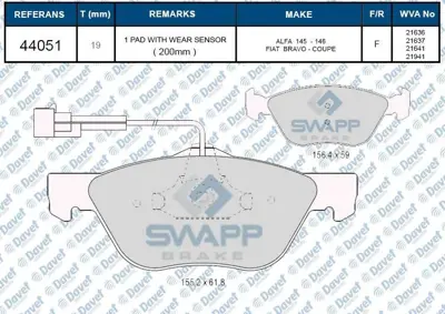 SWAPP 44051 Fren Balatası On Brava Bravo Marea 2.0 95-01 Wva 21636 13329562 13411116 1541803 1541806 1605100 1605175 1605181 1605267 1605268 1605848