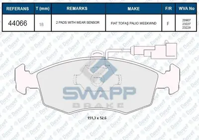 SWAPP 44066 Fren Balatası On Fıat Doblo 223 1.2ı 1.6ı 16v 1.9d 1.9jtd 10-01-11-02 Palıo Weekend 178bx178dx04-96- 1121892 1121895 1126719 1130120 1152316 1204845 1207104 1208845 1219892 1219894