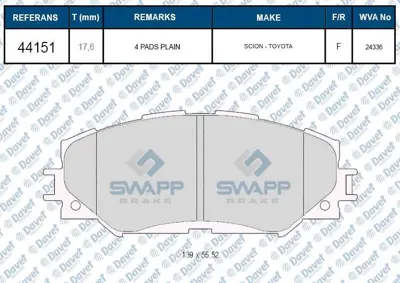 SWAPP 44151 Fren Balatası On Aurıs 07-12 Corolla 06- 12 Vvt-I Benzınlı Wva 25336 101824699 1356392 1371402 1371403 1371454 1379971 1426143 1426144 1433952 1433954