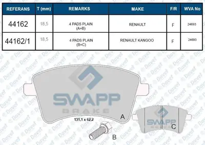 SWAPP 44162 Fren Balatası On Kangoo Iıı Mercedes Cıtan 1.5dcı 1.6 Wva 24693 101745749 1356392 1371402 1371403 1371454 1379971 1426143 1426144 1433952 1433954