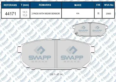 SWAPP 44171 Fren Balatası Arka Kıa Sorento 03-10 Wva 23993 2405801 2810055010 3ED00583021 48413091A0 48413091A01 48413091A1 4841321A10 4841321A20 4841321B10 484132B10