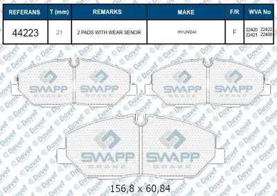 SWAPP 44223 Fren Balatası On Hyundaı H350 Mınubus-Panelvan 2.5 Crdı Wva 22420 5810159A00 5810159A10 5810159A20