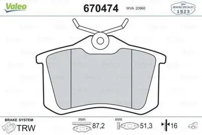 VALEO 598975 Fren Balatası Arka Golf4-A3-Passat-Toledo-Megane-Iı-307 Genel 1001093 1001094 1001095 1001096 1001906 10030811 10087961 101440199 101440329 1023605