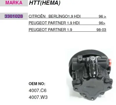 HATTAT 3301028 Hıdrolık Dıreksıyon Pompası (Hema) Partner Berlıngo 1,9d Dw8 (00 03) Yag Depo Haznesızolan Tıp Kasna 9638383080 9638668180 40076C 4007W3 9631923680 4007P0 4007V8 9632335080 9632335580 9635445880