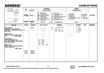 KONEKS 206290 Pıston + Segman Std. (Om602.9, Om603.9, 87,00mm, La Turbo 28 Pım) 190 W201 88>93 W124 88>93 6010110010 6020300017 602030001752 6020370001 60203E11 6030300917 6030301017 6030301317 A6010110010 A6020300017