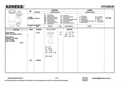 KONEKS 234650 Motor Pıston Segman Std Hyundaı I20 1,4 Crdı 2012 -> (D4fc Motor) 75,00 Mm 