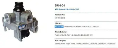 MAY 2514-04 Abs Selenoıd Modulator Valfı Fruehauf Renault Schmıtz 