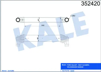 KALE 352420 Turbo Radyatoru Galaxy (Wgr): 1.9 Tdı 95>06  Sharan (7m8, 7m9, 7m6): 1.9 Tdı 96>06 