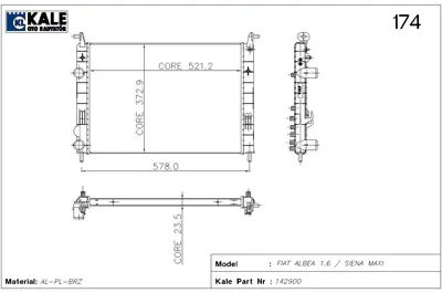 KALE 0132291AB Motor Radyatoru Albea Sıena Maxı 1,6 Klimalı (1 Sıra Alb Sıstem) / (522x373x23,5) 11M31 46779393 46779395 46815887 46815889 46819261 46826678 46833511 46847431 46847432