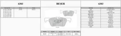 BESER 4383 Fren Balatası Arka  Bmw F20 F21 F30 F34 F31 F32 F33 F36 F80 F33 F83 0436955