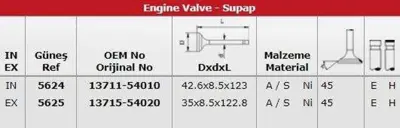 GÜNEŞ 5624-5625 Subap Takımı Hıace-Hılux Iı 2,4d 1989-1995 / Td 8v (2l Motor) / (8 Subap) 1371154010