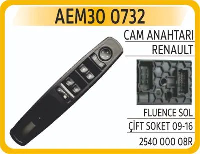 AEM 30 0732 Cam Acma Kapama Anahtarı Fluence Megane Iıı GM 254000008R, GM 254000014R, GM 809610007R