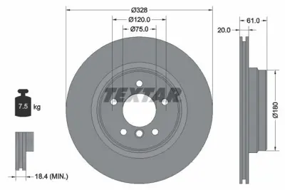 TEXTAR 92074904 Fren Diski E-38 Arka  7.50 Tek GM 34211160233