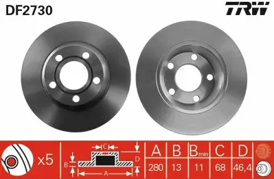 TRW DF2730 Fren Diski Ön A4 95>01 Düz 280mm GM 8D0615301AROH, GM 8DO615301A