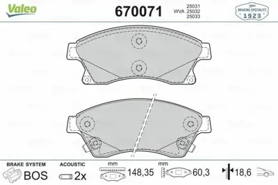 VALEO 670071 Fren Balatası Ön GM 13301207, GM 13412272, GM 1605169, GM 542120, GM 95530019