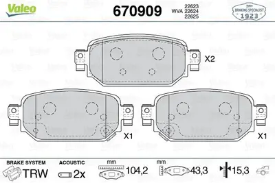 VALEO 670909 Arka Fren Balatası Mazda 3 2016-> GM BAY02643ZA, GM BAY02648ZA, GM D2Y12643Z, GM BAY02643Z, GM BAY02643ZB, GM DHYG2643Z